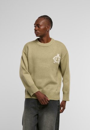 Gebreide trui in lichtgroen met een geribbelde ronde hals en manchetten. Bevat een wit embleem op de linkerkant van de borst. Draagt met donkergrijze jeans.