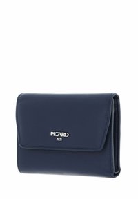 Navy leather wallet with silver-tone logo detailing, featuring a flap closure and a rectangular shape, emphasizing a smooth texture.