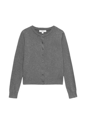 Grauer Langarm-Cardigan zum Knöpfen mit rundem Halsausschnitt und gerippten Bündchen und Saum, flach auf einem weißen Hintergrund liegend.