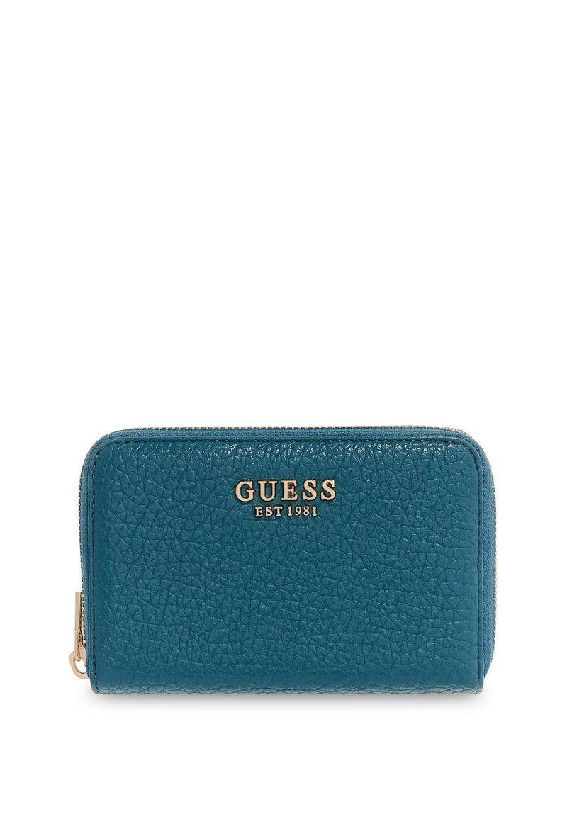 Portafoglio in pelle verde acqua con superficie testurizzata, hardware color oro e logo del marchio in rilievo. Presenta una chiusura con zip e una forma rettangolare.