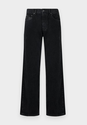 Black denim wide-leg jeans with a classic five-pocket design, featuring a button closure and subtle faded texture.