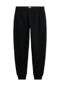 Zwarte sweatpants van zacht materiaal, voorzien van een elastische tailleband, zijzakken en geribde manchetten voor een aansluitende pasvorm.