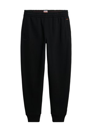 Czarne spodnie dresowe z elastycznym pasem, kieszeniami po bokach i ściągaczami przy kostkach, prosty design z subtelnymi pomarańczowymi przeszyciami.