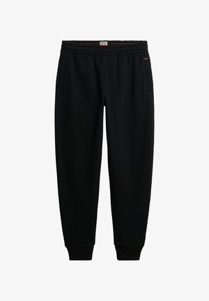 Czarne spodnie dresowe z elastycznym pasem, kieszeniami po bokach i ściągaczami przy kostkach, prosty design z subtelnymi pomarańczowymi przeszyciami.