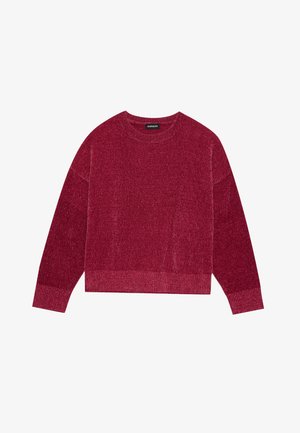 Maglione rosso a maglia con scollatura rotonda a costine e maniche lunghe. Il tessuto presenta una finitura texturizzata e un orlo accorciato.