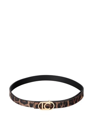 Cinturón fino con estampado de leopardo marrón y interior negro, con una pequeña hebilla oval dorada con letras entrelazadas.