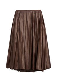 Hnědá plisovaná sukně s hladkou, lesklou texturou a elastickým pasem. Délka do poloviny lýtek, splývavý tvar a řasené detaily.