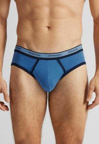 Herrenunterhosen im zweifarbigen Blau-Design. Weiches Baumwollmischgewebe mit einem grauen Bund, der ein schwarzes Logo trägt. Klassischer Schnitt mit eng anliegender Passform.