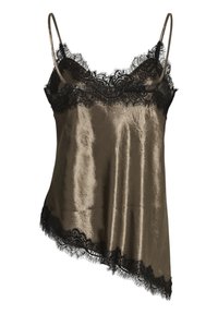 Satin camisole i olivengrøn med sort blonderkant. Har tynde, justerbare stropper og en asymmetrisk kant. Glat tekstur.