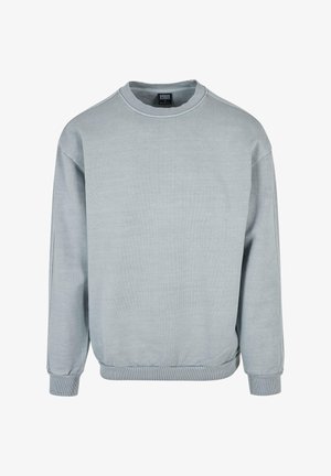 Hanorac gri deschis cu guler rotund, mâneci lungi, manșete și tiv de tip raiat. Textură netedă cu detalii de cusătură minime. Design simplu.