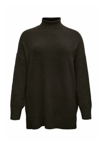 Mørk olivengrøn turtleneck sweater med lange ærmer, afslappet pasform, ribbede manchetter og kant, struktureret strikstof og minimale designdetaljer.