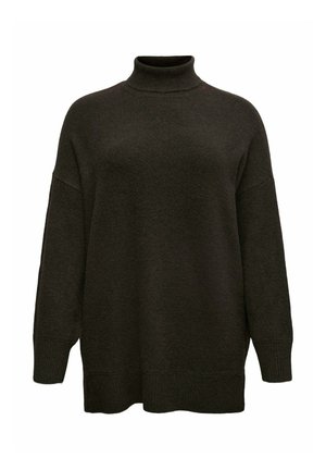 Tume oliivroheline kõrge kaelusega sviiter, millel on pikad varrukad, lõdvalt istuv lõige, ribatud mansetid ja ääred, tekstuuriga kudum, ning minimaalsete disainielementidega.