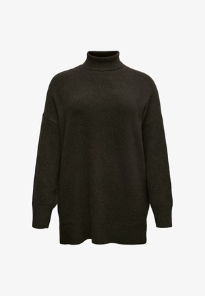 Tumši olīvu zaļš turtlenecks džemperis ar garām piedurknēm, brīva piegriezuma, ribinātām aprocēm un apakšmalu, teksturēta adīta auduma un minimālistiskiem dizaina elementiem.