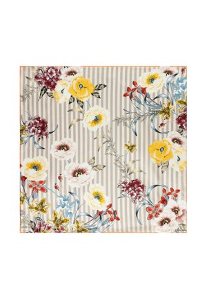Square fabric with vertical beige and white stripes, decorated with yellow, red, white, and burgundy flowers and green leaves.
