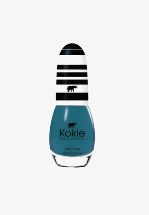 Sinisen kynsilakan pullo, jossa on mustavalkoraidallinen korkki ja musta norsulogo sekä pullossa että korkissa.