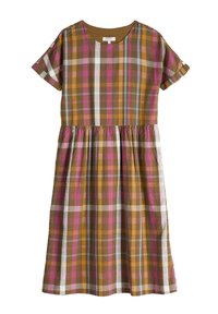 Kostkované šaty s krátkým rukávem, ve hnědém, růžovém a bílém kostkovaném vzoru. Tkaná textura, nařasený pas a kulatý výstřih.