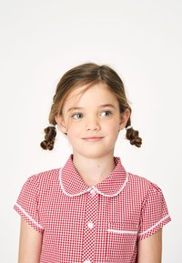 Punainen ruutukuosisella mekolla, jossa on lyhyet hihat, kaulus ja valkoinen reuna. Edessä nappisulku ja pieni tasku vasemmalla puolella.