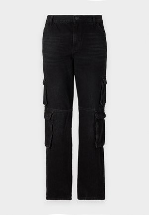 Black denim trousers with a straight leg design, featuring two side cargo pockets and a classic button closure. Textured fabric with minimal fading.