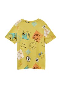 Gelbes Baumwoll-T-Shirt mit verschiedenen bedruckten Cartoon-Gesichtern und -Formen in Blau, Schwarz und Orange. Reguläre Passform mit kurzen Ärmeln.