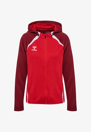 Rode en bordeauxrode sporthoodie met ritssluiting, witte strepen op de schouders, hummel-logo op de linkerborst en verstelbare capuchonkoorden.