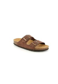 Sandal in suede marrone con due cinghie regolabili, un plantare in sughero e suola in gomma texturizzata. Presenta fibbie in metallo per una vestibilità sicura.