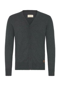 Cardigan tricotat de culoare gri închis, cu decolteu în V, având un sistem de închidere cu nasturi, manșete și margine ribbate. Textură subtilă cu un etichetă logo pe lateral.