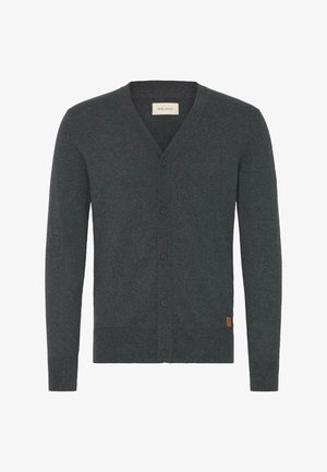 Donkere grijze gebreide cardigan met een V-hals, voorzien van een knoopsluiting aan de voorkant, geribbelde manchetten en zoom. Subtiele textuur met een logo-label aan de zijkant.