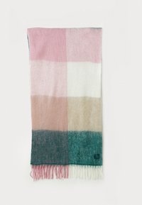 Flerfarvet uld tørklæde med et blokmønster, der indeholder sektioner i pink, hvid, beige og teal, afsluttet med frynsede kanter.