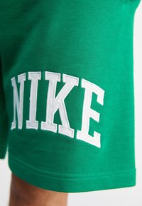 Green cotton shorts featuring a prominent white embroidered "NIKE" logo on the left leg. Smooth texture with a classic cut.