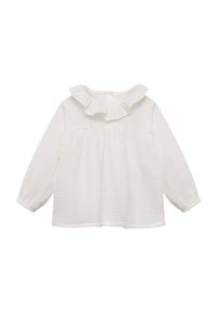 Valkoinen pitkähihaista paitapuseroa, joka on valmistettu teksturoidusta kankaasta ja jossa on röyhelökaulus sekä gathered-pääntiellä; nappisulku takana.