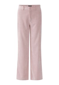 Pantalon en velours côtelé rose clair avec jambes larges et droites, présentant une texture côtelée verticale, des passants pour ceinture et un design à l'avant plat.