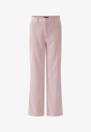 Pantalon en velours côtelé rose clair avec jambes larges et droites, présentant une texture côtelée verticale, des passants pour ceinture et un design à l'avant plat.