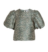 Bluza z leopardjim vzorcem v zeleni in bež barvi, material, podoben svili, z napihnjenimi rokavi in zadrgo na zadnji strani. Okroglični izrez.