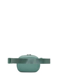 Compact teal fabric waist bag with adjustable strap and top zipper compartment, shown from the back on a white background.