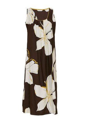 Ärmelloses Maxikleid aus braunem Stoff, das mit großen weißen Blumen verziert ist, die in Gelb umrandet sind. Gerade Silhouette und weiche Textur.