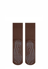 Calze di cotone marrone con una suola testurizzata caratterizzata da punti in gomma grigia per una migliore aderenza, bordo ribbed e una superficie liscia.