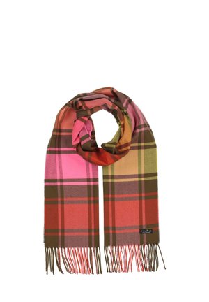 Sciarpa in lana con un design a quadri multicolore nei toni di rosa, arancione, verde e marrone. Rifinita con bordi frangiati e un'etichetta con logo.
