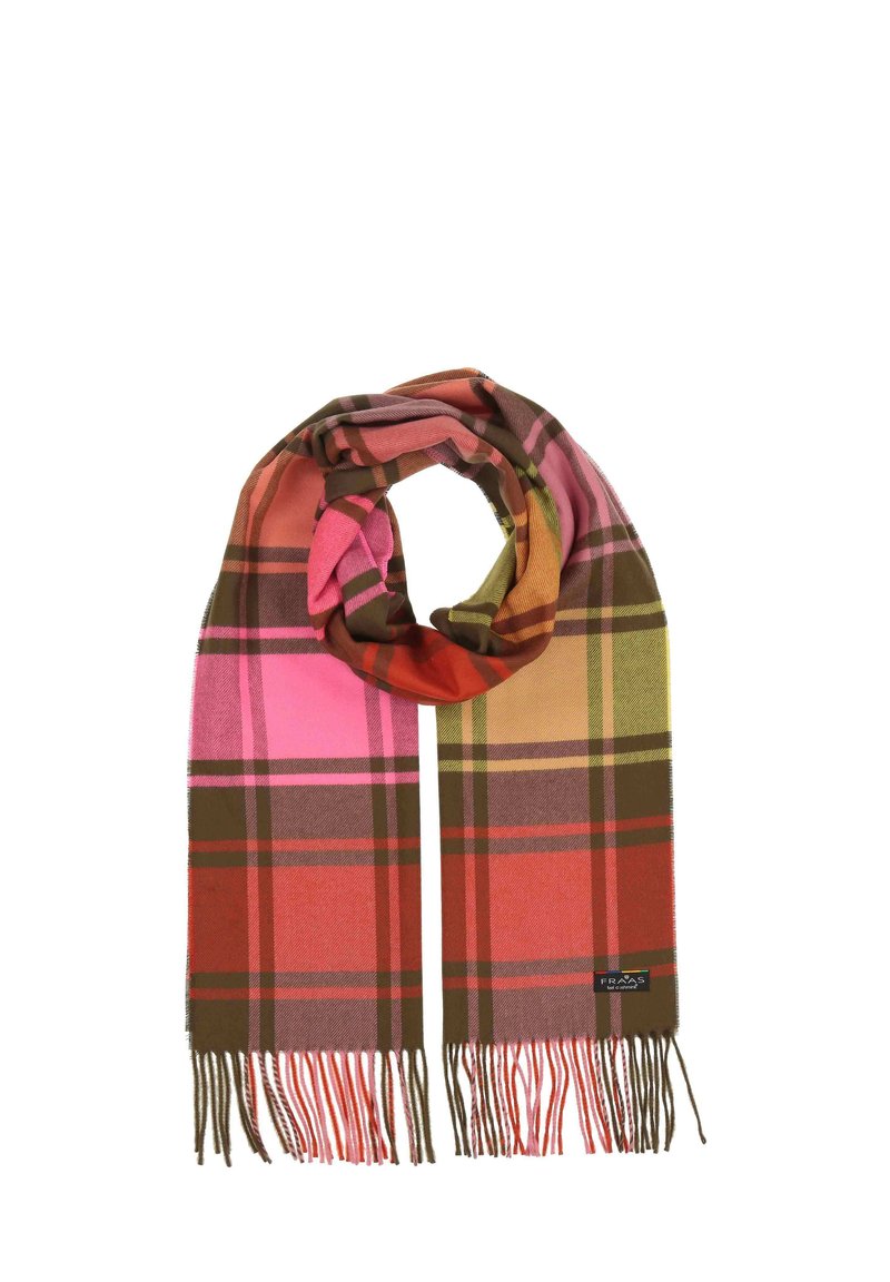Sciarpa in lana con un design a quadri multicolore nei toni di rosa, arancione, verde e marrone. Rifinita con bordi frangiati e un'etichetta con logo.