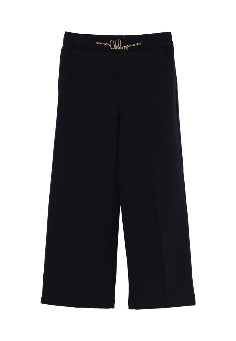 Pantalons larges noirs en tissu doux, dotés d'une embellissement doré à la taille et de poches latérales pour plus de fonctionnalité.