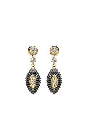 Gouden en zwarte druppelvormige oorbellen met heldere edelstenen, met ronde studs, kleine verbindingsstenen en getextureerde ovalen zwarte hangers met centrale edelstenen.