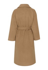 Brauner Wollmischungs-Mantel mit Schalkragen, tailliertem Gürtel und weiten Ärmeln. Glatte Textur, knielanges Design und schlichte Linien.