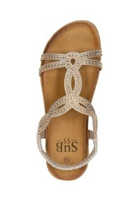 Beige sandaal met in elkaar geweven banden versierd met kleine rhinestones. Gestructureerde bruine binnenzool met merklabel op de voetbed.