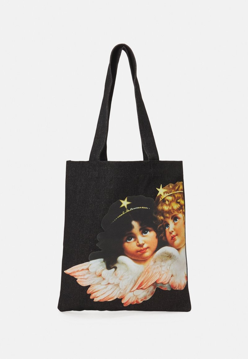 Sac fourre-tout noir avec un motif imprimé de deux chérubins avec des ailes et des couronnes d'étoiles en bas à l'avant.