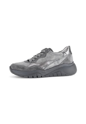 Gray suede sneaker with metallic accents, round toe, lace-up design, textured sole, and a chunky midsole for added height and comfort.