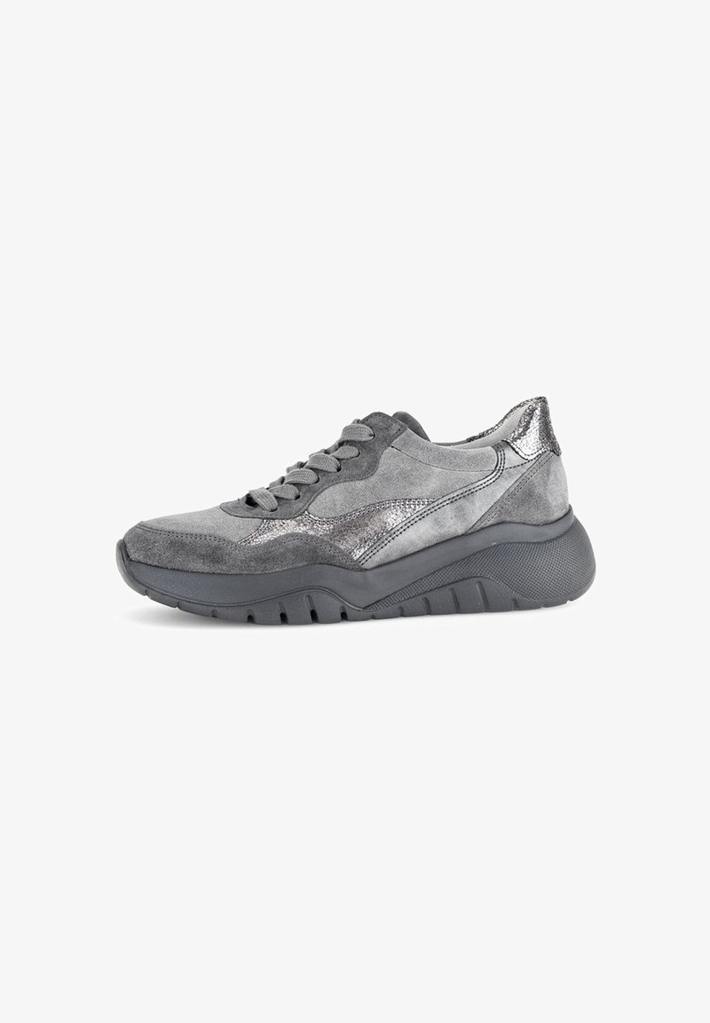 Gray suede sneaker with metallic accents, round toe, lace-up design, textured sole, and a chunky midsole for added height and comfort.