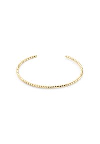 Gouden armband met een gladde, afgeronde vorm en afwisselend kleine en grotere parelachtige secties, wat een textuurpatroon creëert.