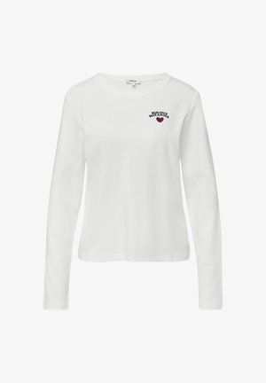 Biała koszulka z długim rękawem wykonana z bawełny, z okrągłym dekoltem i haftowanym napisem "BONJOUR MON AMOUR" nad sercem.
