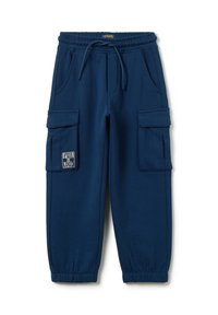 Navyblauwe cargo joggerbroeken met elastische tailleband en boorden, trekkoord, zijzakken en een "Fun Loud" patch op de linkerbeenzak.