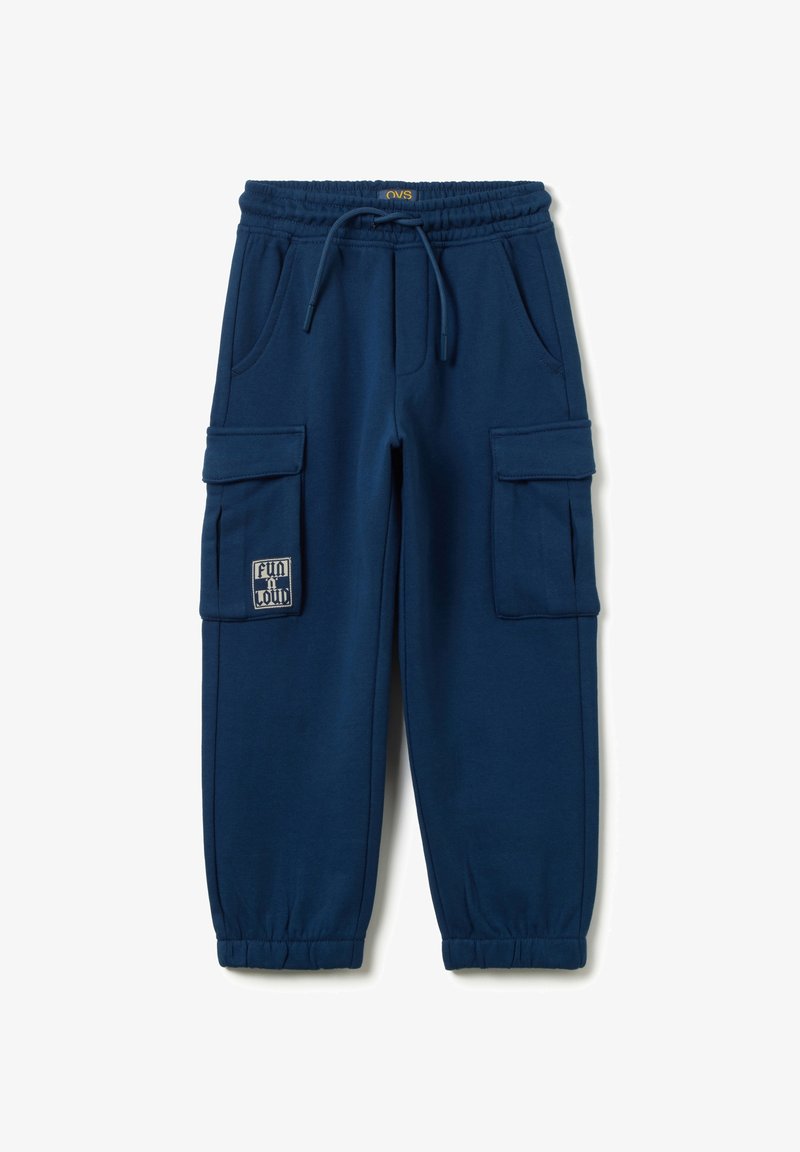 Marineblaue Cargo-Jogginghosen mit elastischem Bund und Bündchen, Kordelzug, seitlichen Taschen und "Fun Loud"-Patch auf der linken Oberschenkeltasche.