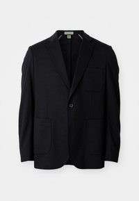 Sort enkeltstående blazer med revers og notcher, tre påsyede lommer og en knaplukning, præsenteret på en hvid baggrund.